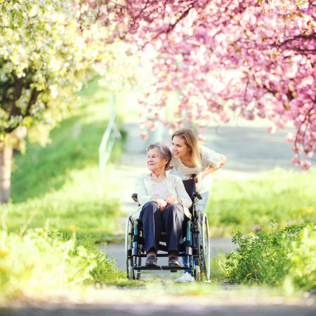 Eine Frau spaziert mit einer älteren Frau im Rollstuhl durch die Natur